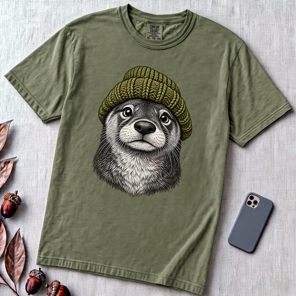 Otter in a Beanie T-Shirt - Sage unfolded t-shirt mockup