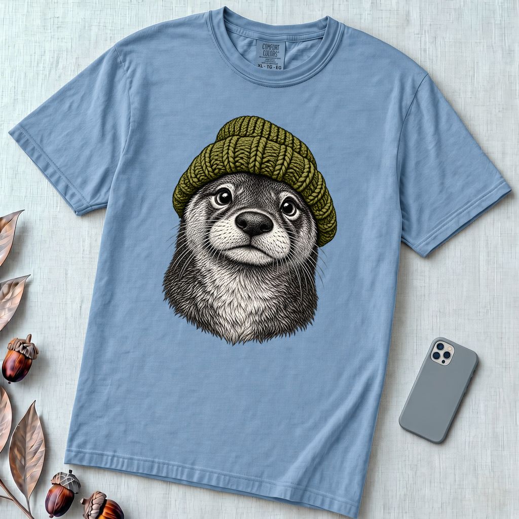 Otter in a Beanie T-Shirt - Washed Denim unfolded t-shirt mockup
