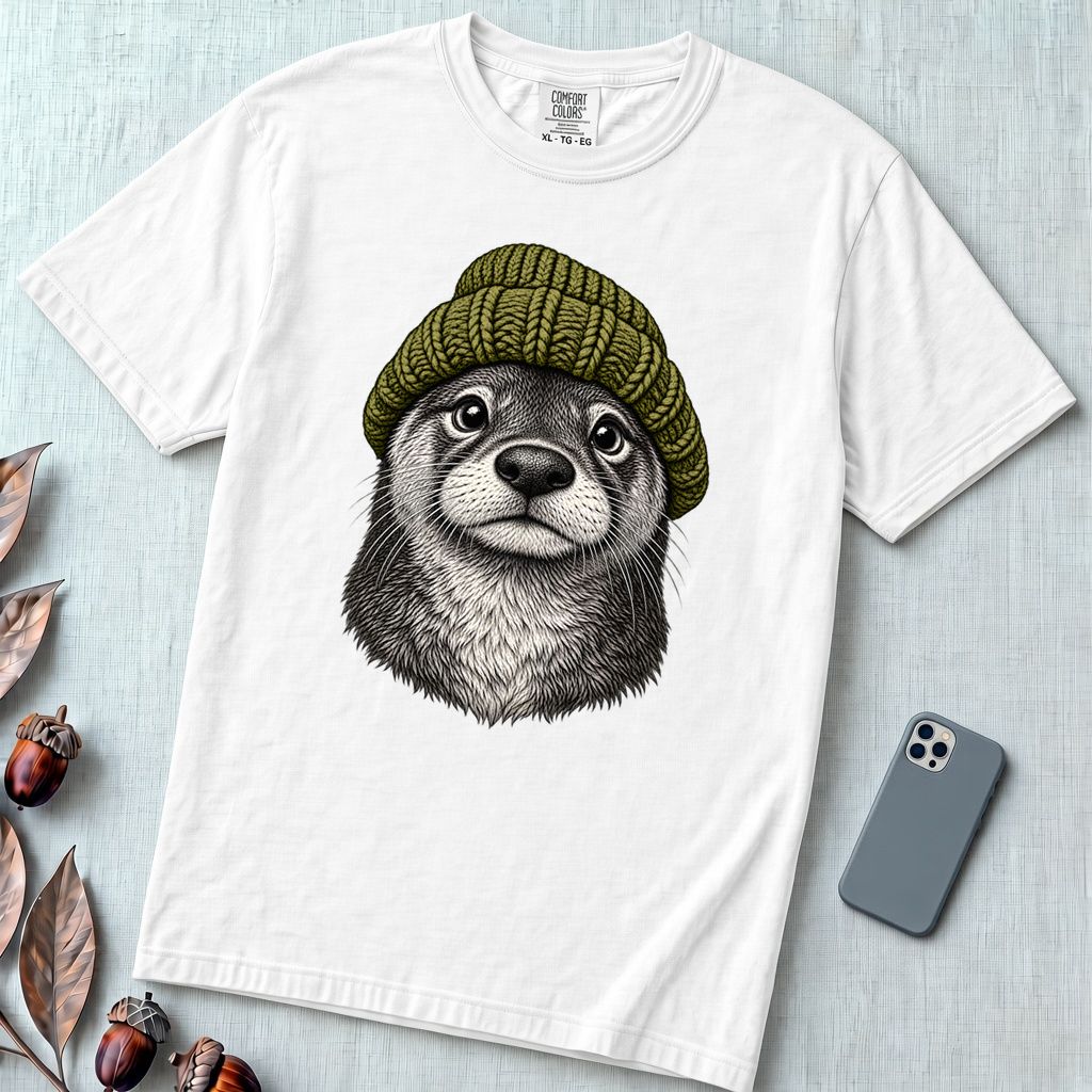 Otter in a Beanie T-Shirt - White unfolded t-shirt mockup