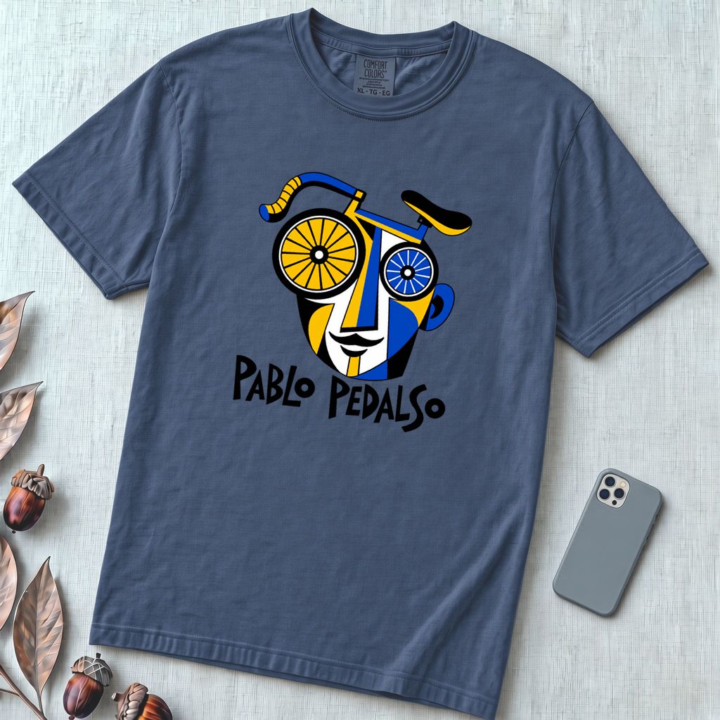 Pablo Pedalso Cubist Bicycle T-Shirt - Denim unfolded t-shirt mockup