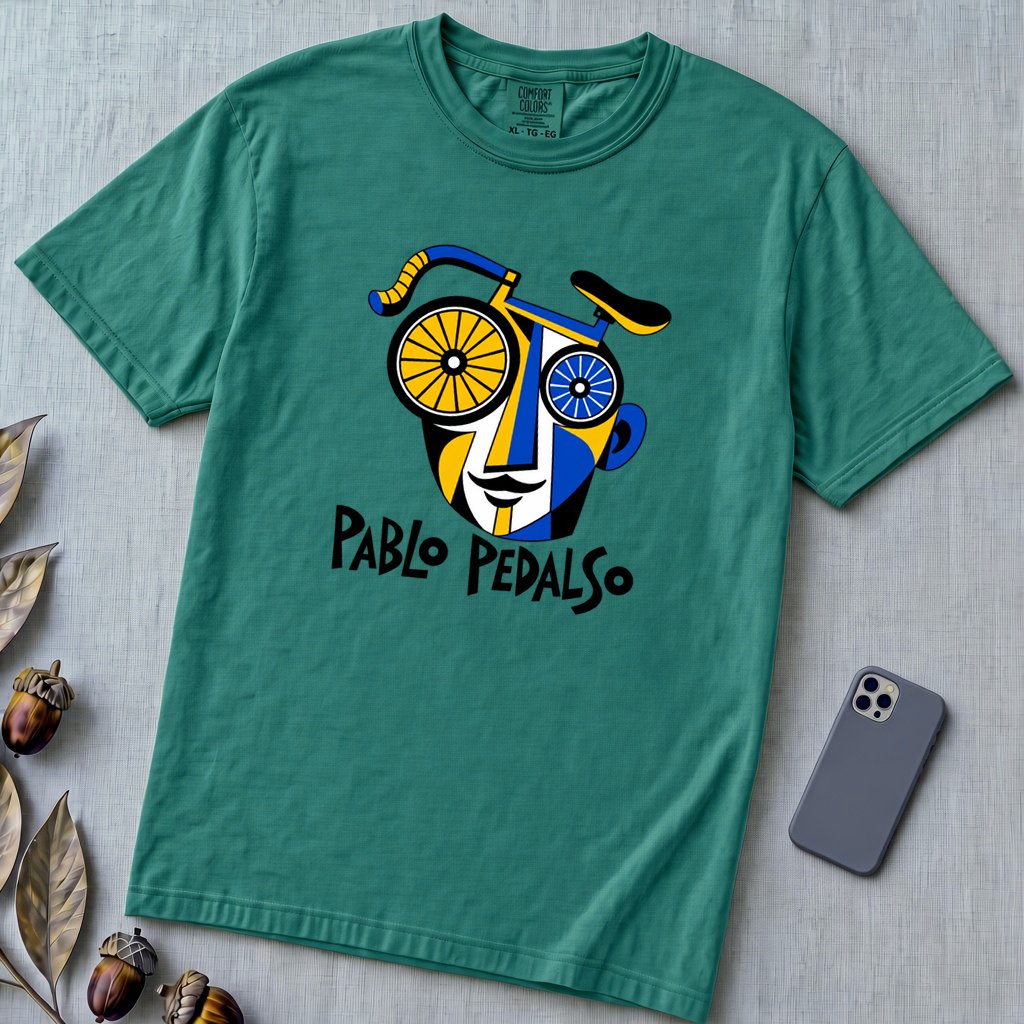 Pablo Pedalso Cubist Bicycle T-Shirt - Emerald unfolded t-shirt mockup