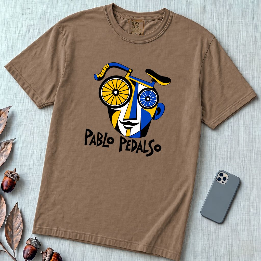 Pablo Pedalso Cubist Bicycle T-Shirt - Espresso unfolded t-shirt mockup