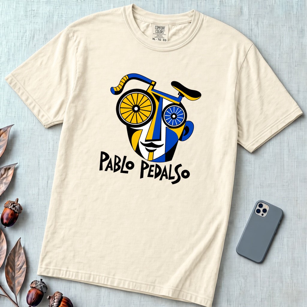 Pablo Pedalso Cubist Bicycle T-Shirt - Ivory unfolded t-shirt mockup