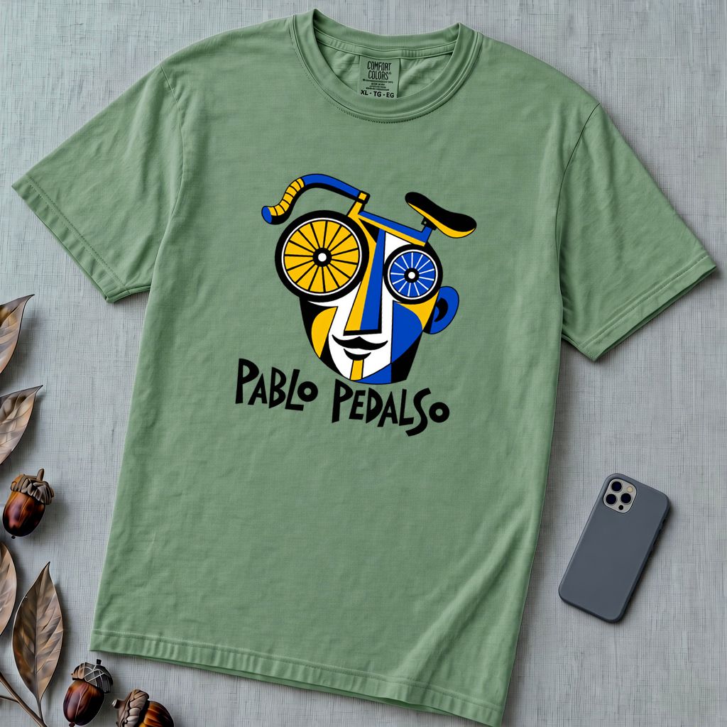 Pablo Pedalso Cubist Bicycle T-Shirt - Light Green unfolded t-shirt mockup