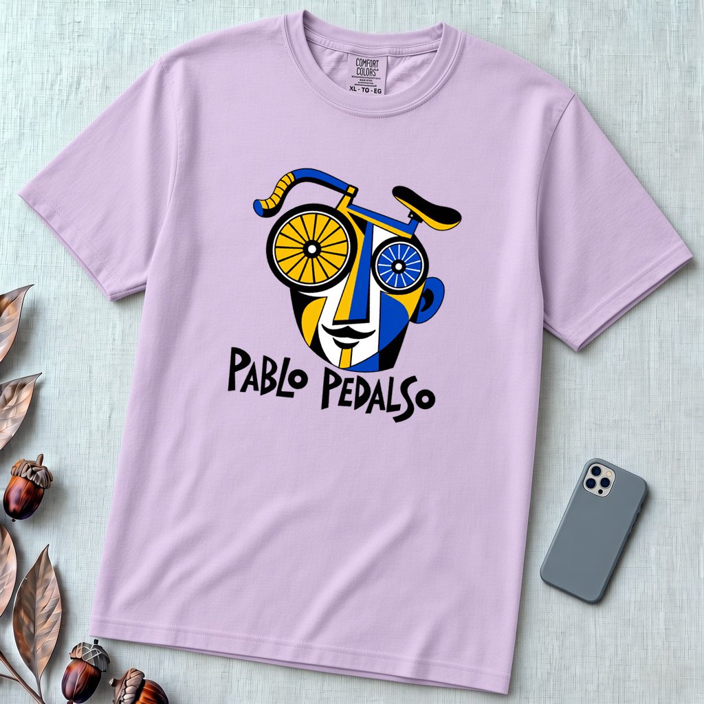 Pablo Pedalso Cubist Bicycle T-Shirt - Orchid unfolded t-shirt mockup
