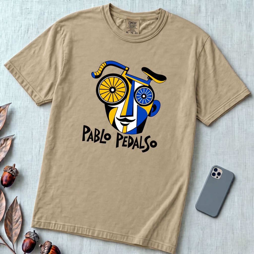 Pablo Pedalso Cubist Bicycle T-Shirt - Sandstone unfolded t-shirt mockup