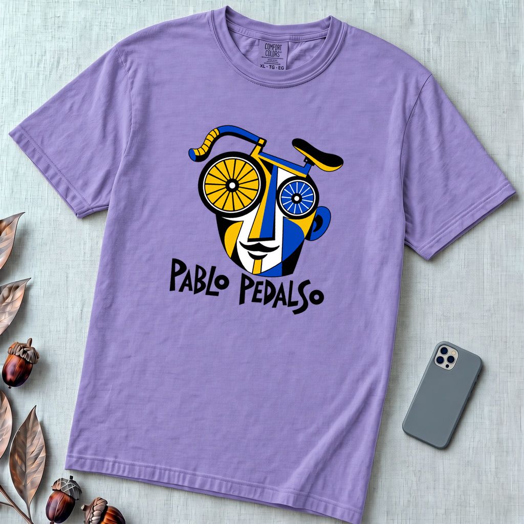 Pablo Pedalso Cubist Bicycle T-Shirt - Violet unfolded t-shirt mockup