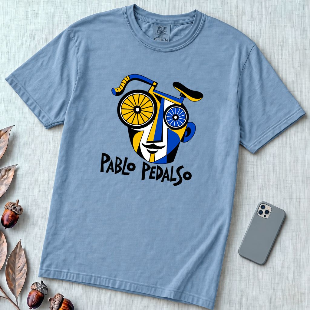 Pablo Pedalso Cubist Bicycle T-Shirt - Washed Denim unfolded t-shirt mockup
