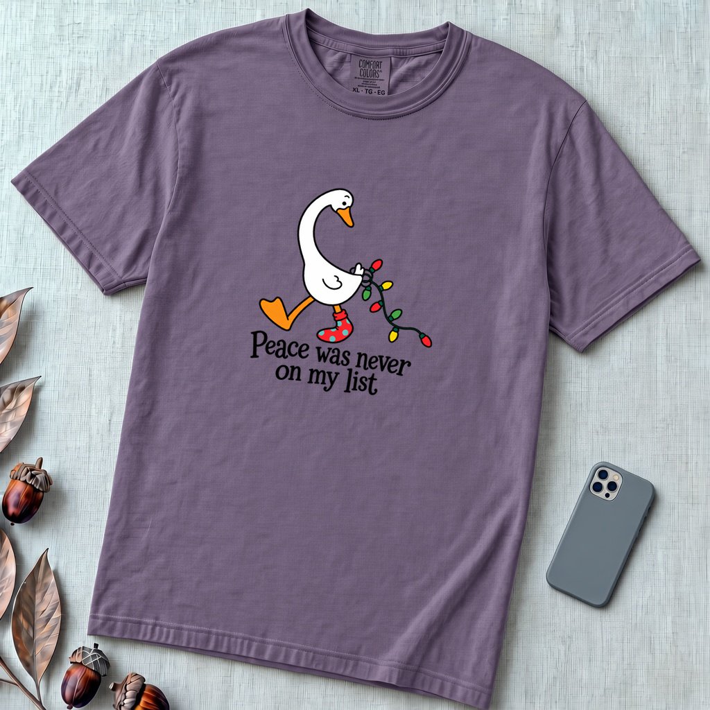 Peace Was Never On My List Christmas Goose T-Shirt - Grape unfolded t-shirt mockup