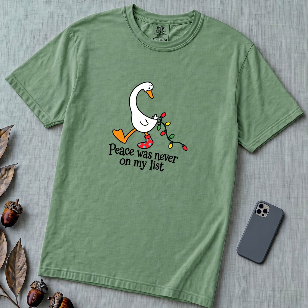 Peace Was Never On My List Christmas Goose T-Shirt - Light Green unfolded t-shirt mockup