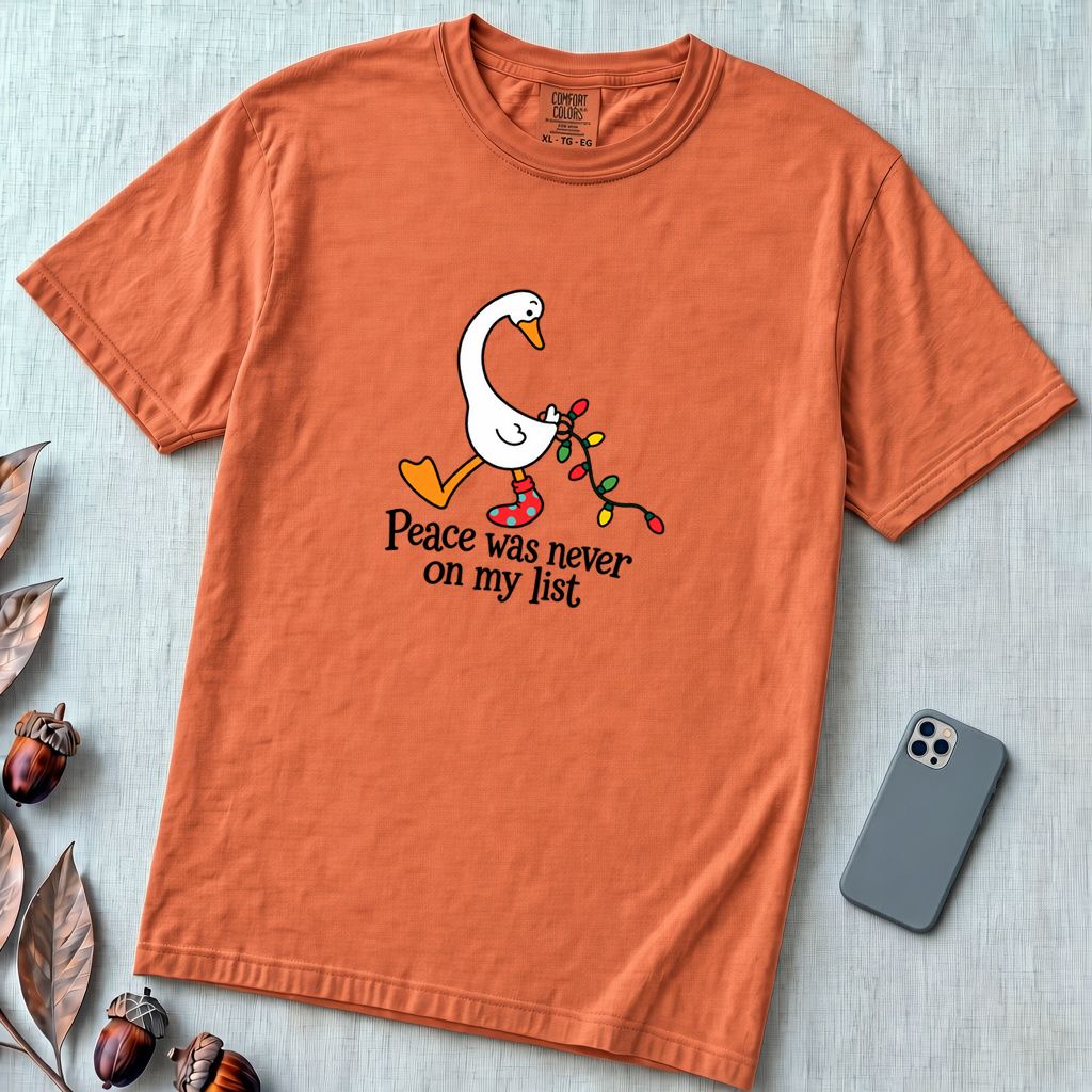 Peace Was Never On My List Christmas Goose T-Shirt - Terracotta unfolded t-shirt mockup