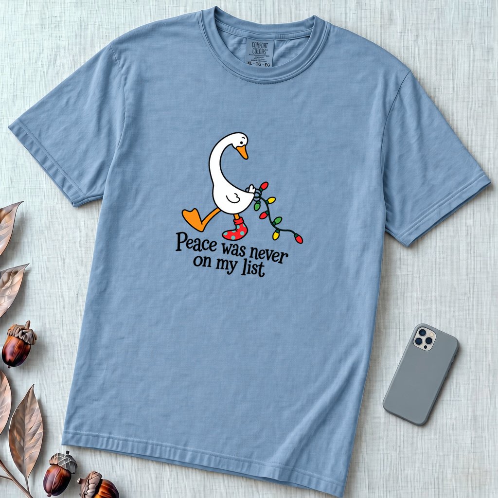 Peace Was Never On My List Christmas Goose T-Shirt - Washed Denim unfolded t-shirt mockup