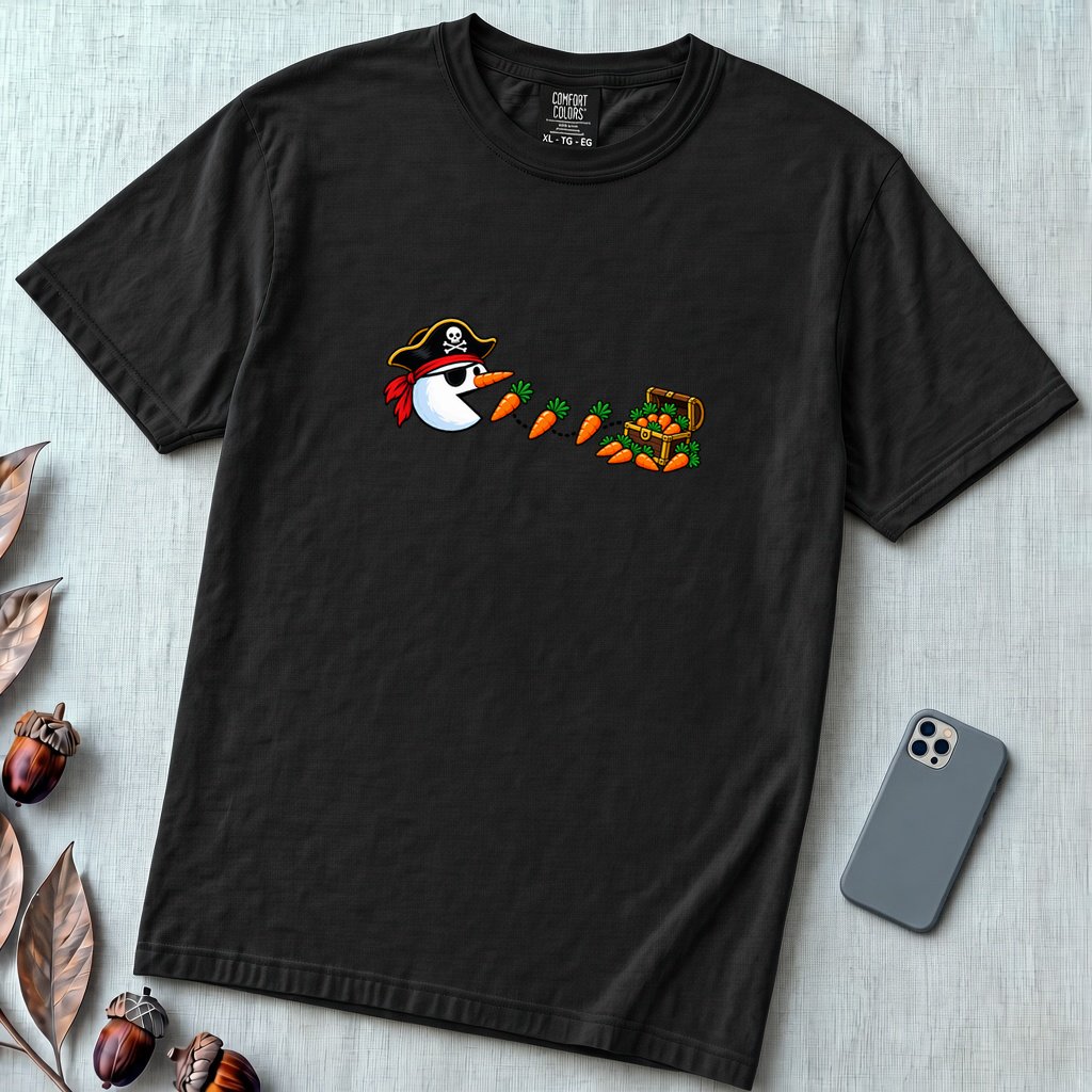 Pirate Snowman Chomping Carrot Christmas T-Shirt - Black unfolded t-shirt mockup