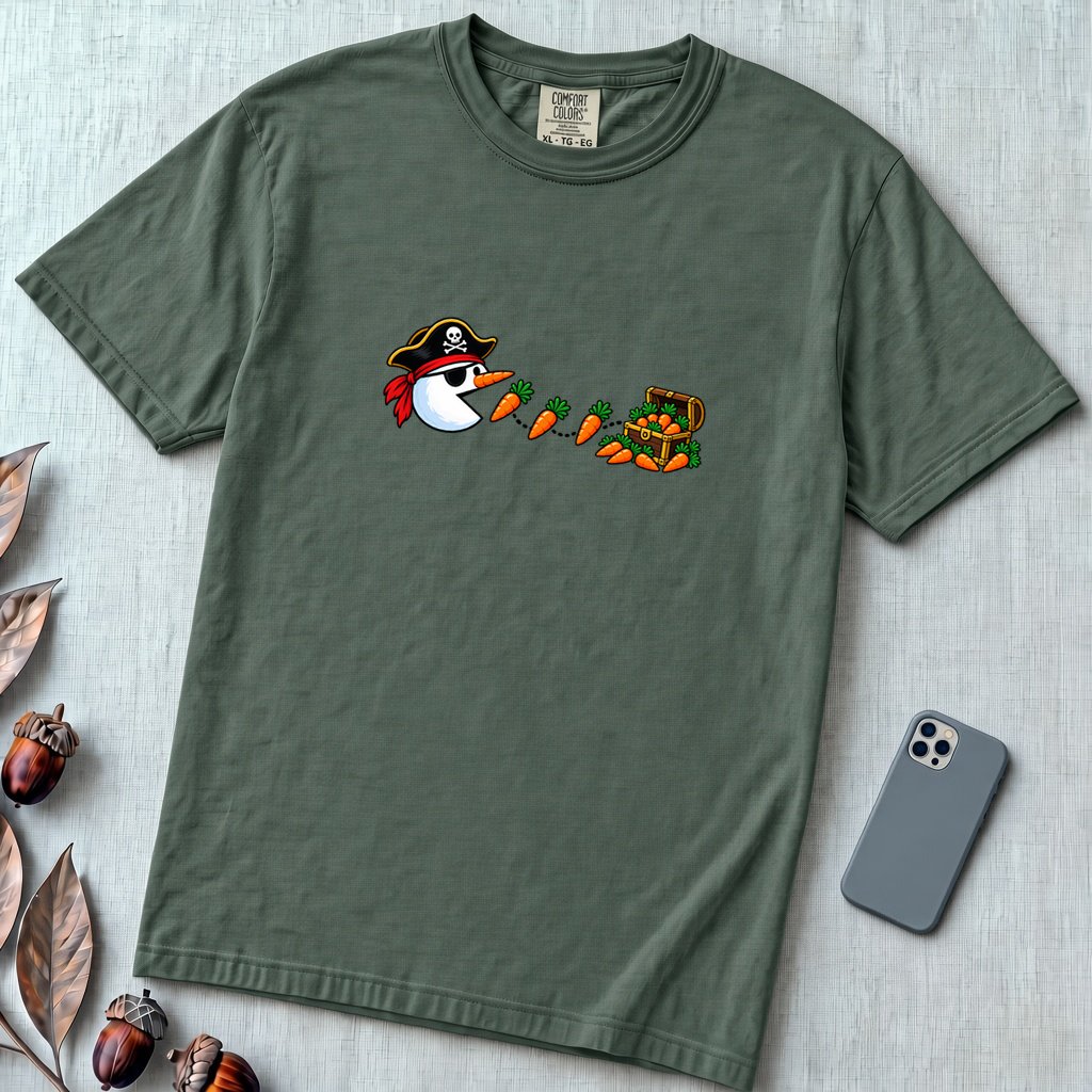 Pirate Snowman Chomping Carrot Christmas T-Shirt - Blue Spruce unfolded t-shirt mockup
