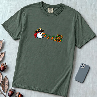 Pirate Snowman Chomping Carrot Christmas T-Shirt - Blue Spruce unfolded t-shirt mockup