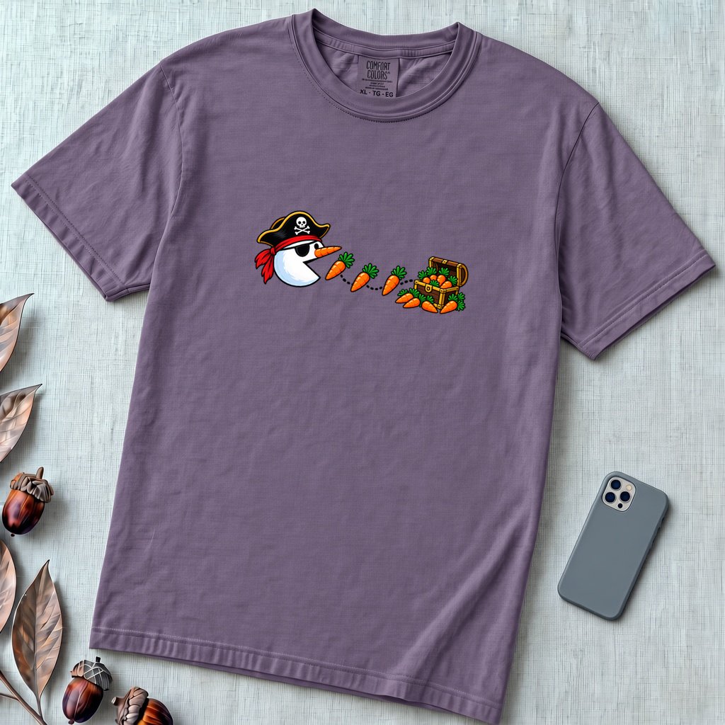 Pirate Snowman Chomping Carrot Christmas T-Shirt - Grape unfolded t-shirt mockup