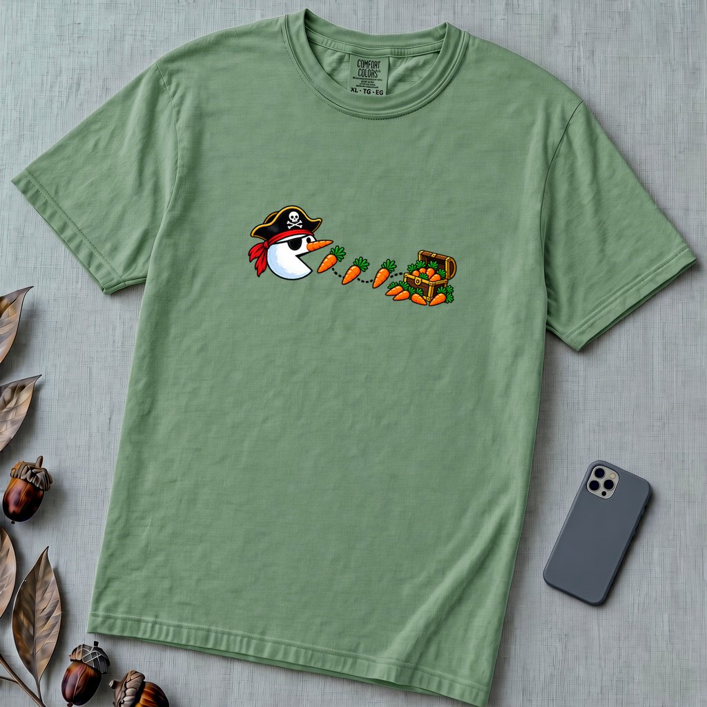 Pirate Snowman Chomping Carrot Christmas T-Shirt - Light Green unfolded t-shirt mockup
