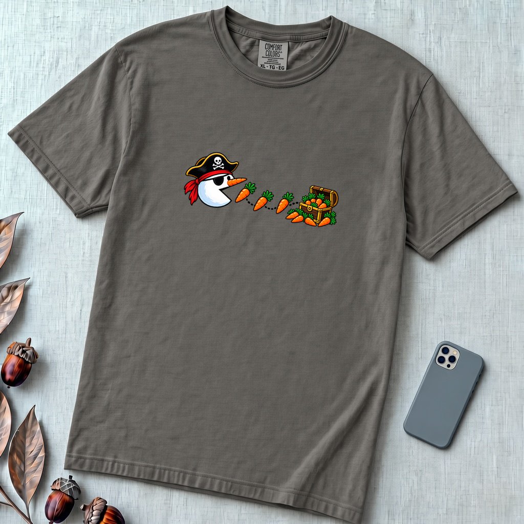 Pirate Snowman Chomping Carrot Christmas T-Shirt - Pepper unfolded t-shirt mockup