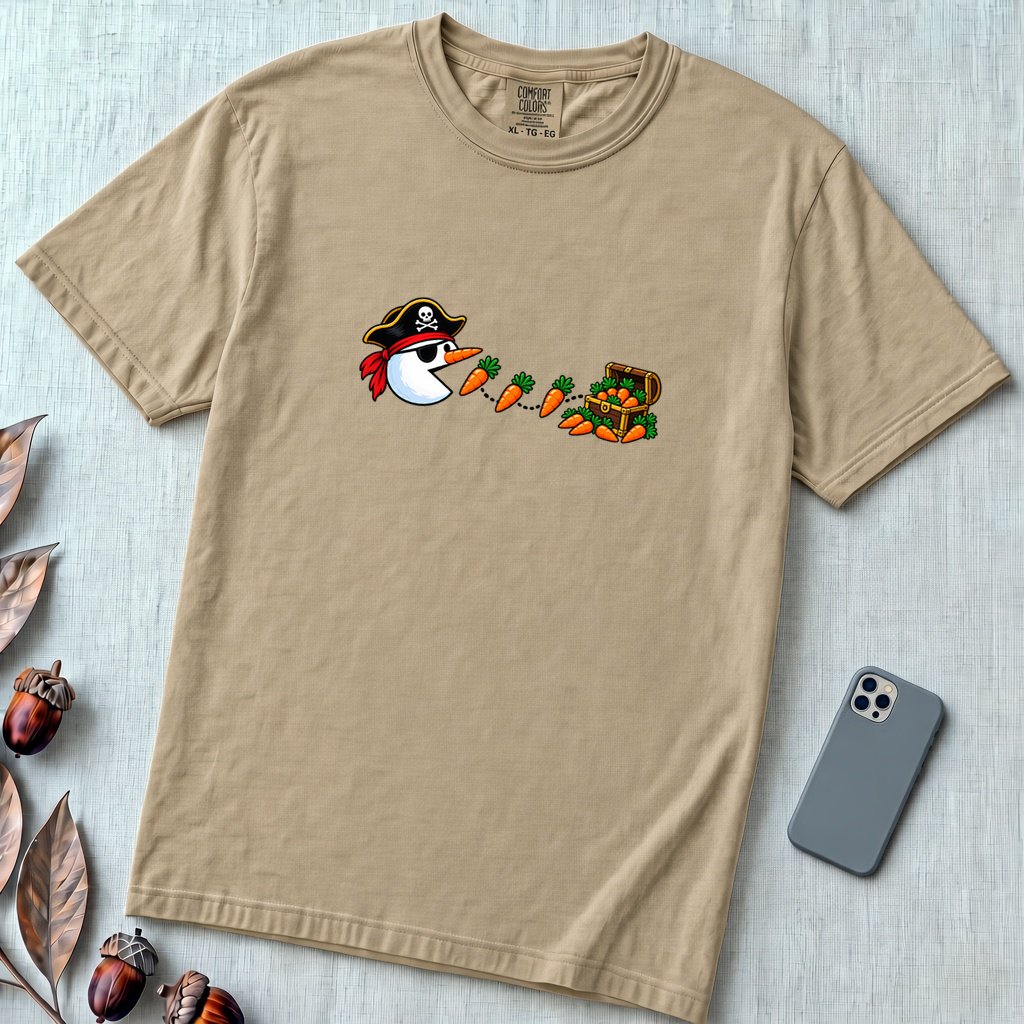 Pirate Snowman Chomping Carrot Christmas T-Shirt - Sandstone unfolded t-shirt mockup