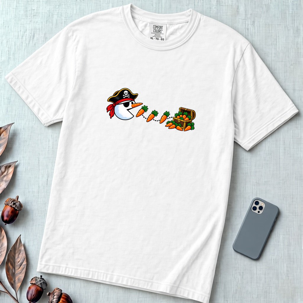 Pirate Snowman Chomping Carrot Christmas T-Shirt - White unfolded t-shirt mockup