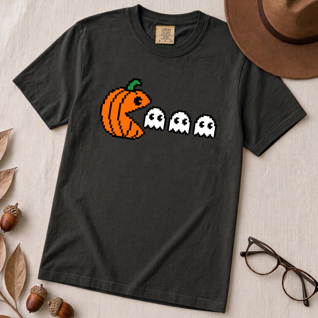 Pixel Pumpkin Ghost T-Shirt, Funny Pumpkin PacMan Tee - Black unfolded t-shirt mockup