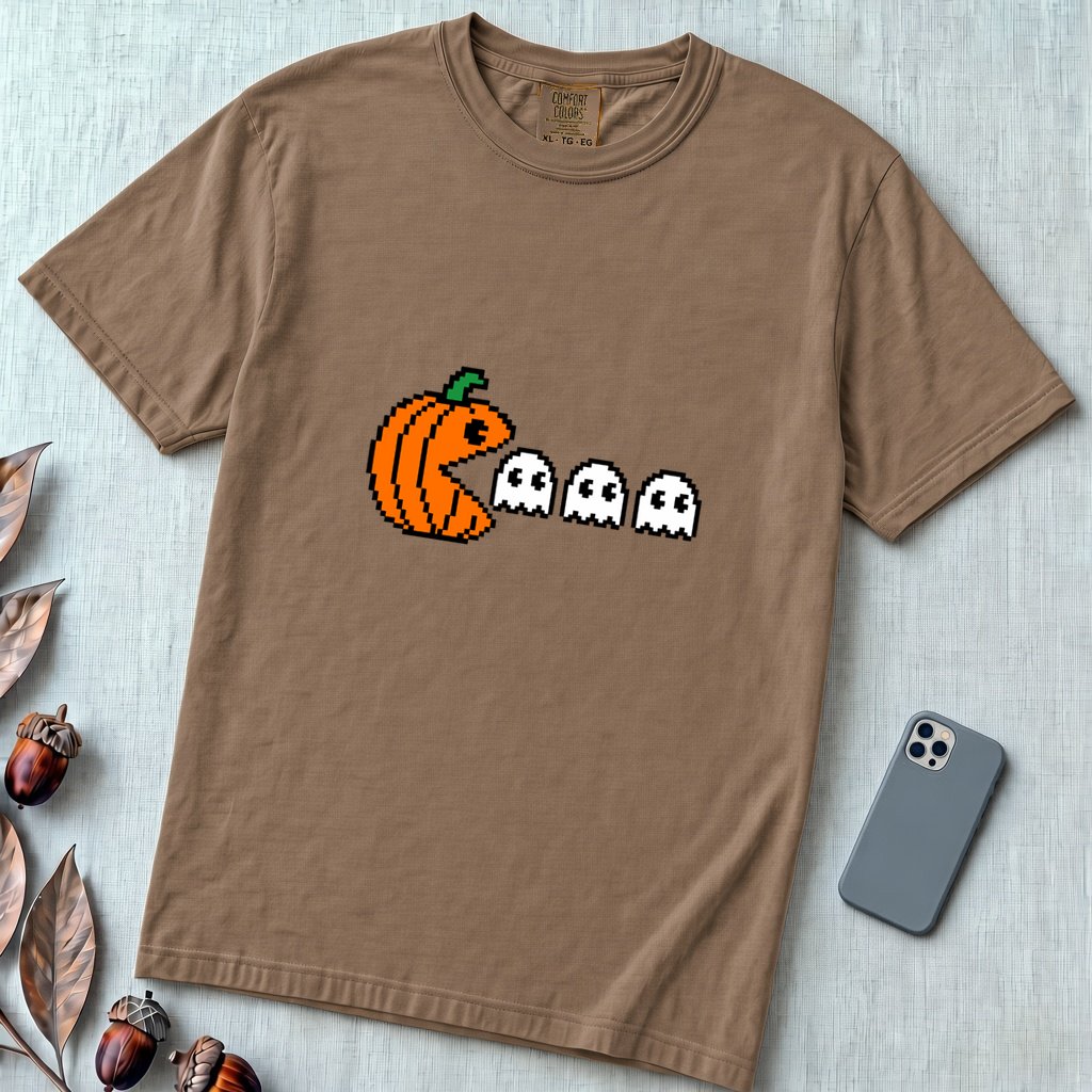 Pixel Pumpkin Ghost T-Shirt, Funny Pumpkin PacMan Tee - Espresso unfolded t-shirt mockup