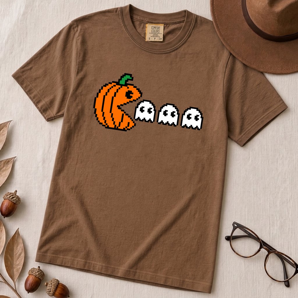 Pixel Pumpkin Ghost T-Shirt, Funny Pumpkin PacMan Tee - Espresso unfolded t-shirt mockup