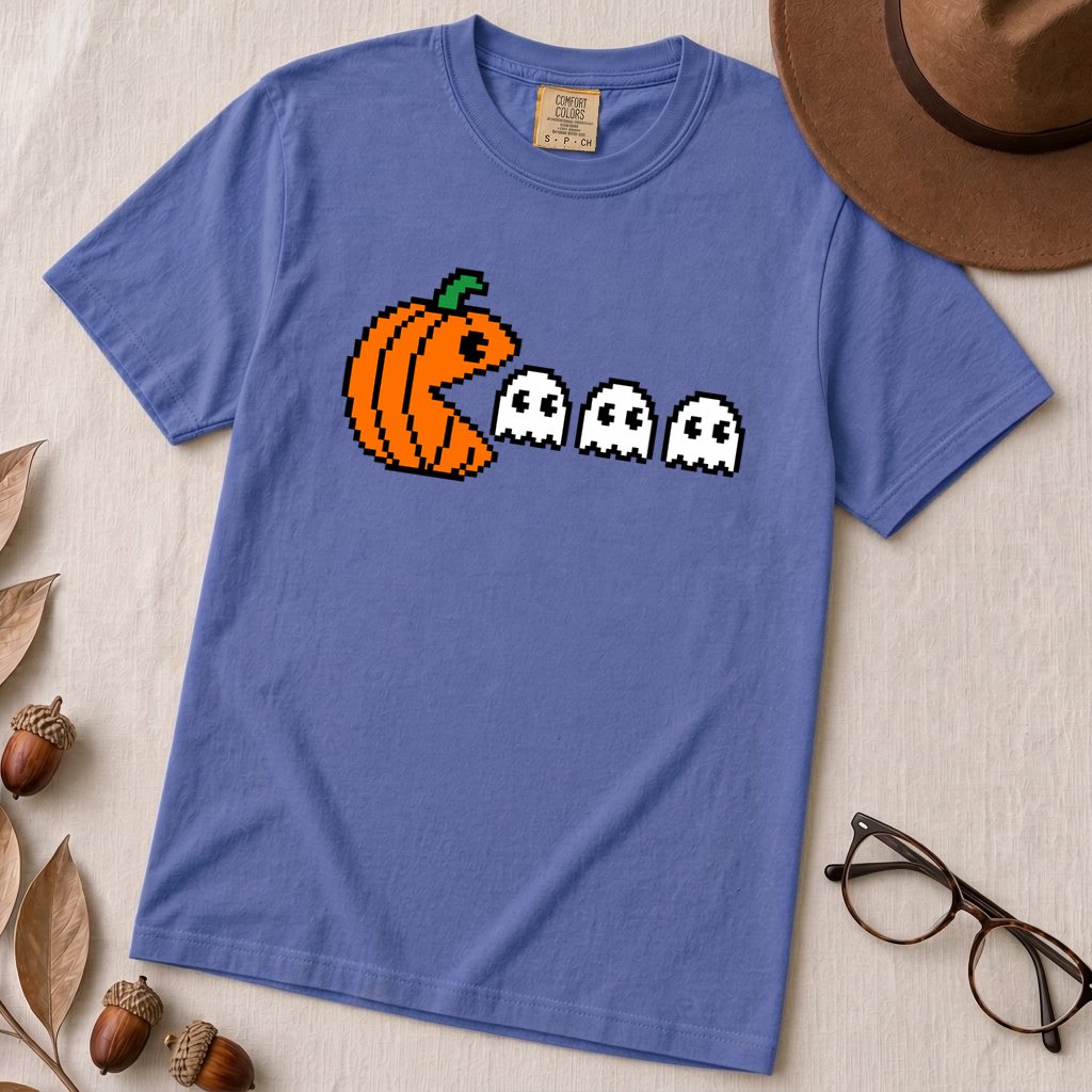 Pixel Pumpkin Ghost T-Shirt, Funny Pumpkin PacMan Tee - Flo Blue unfolded t-shirt mockup