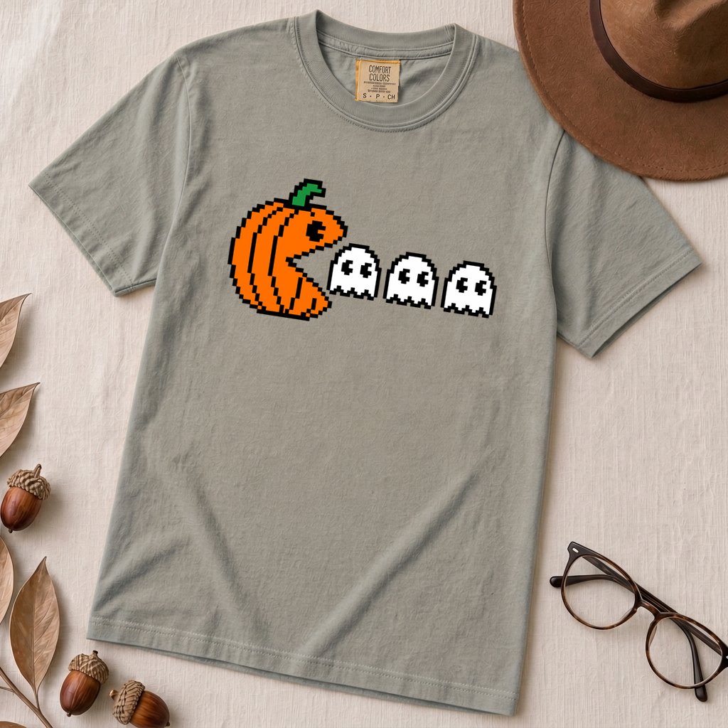 Pixel Pumpkin Ghost T-Shirt, Funny Pumpkin PacMan Tee - Granite unfolded t-shirt mockup