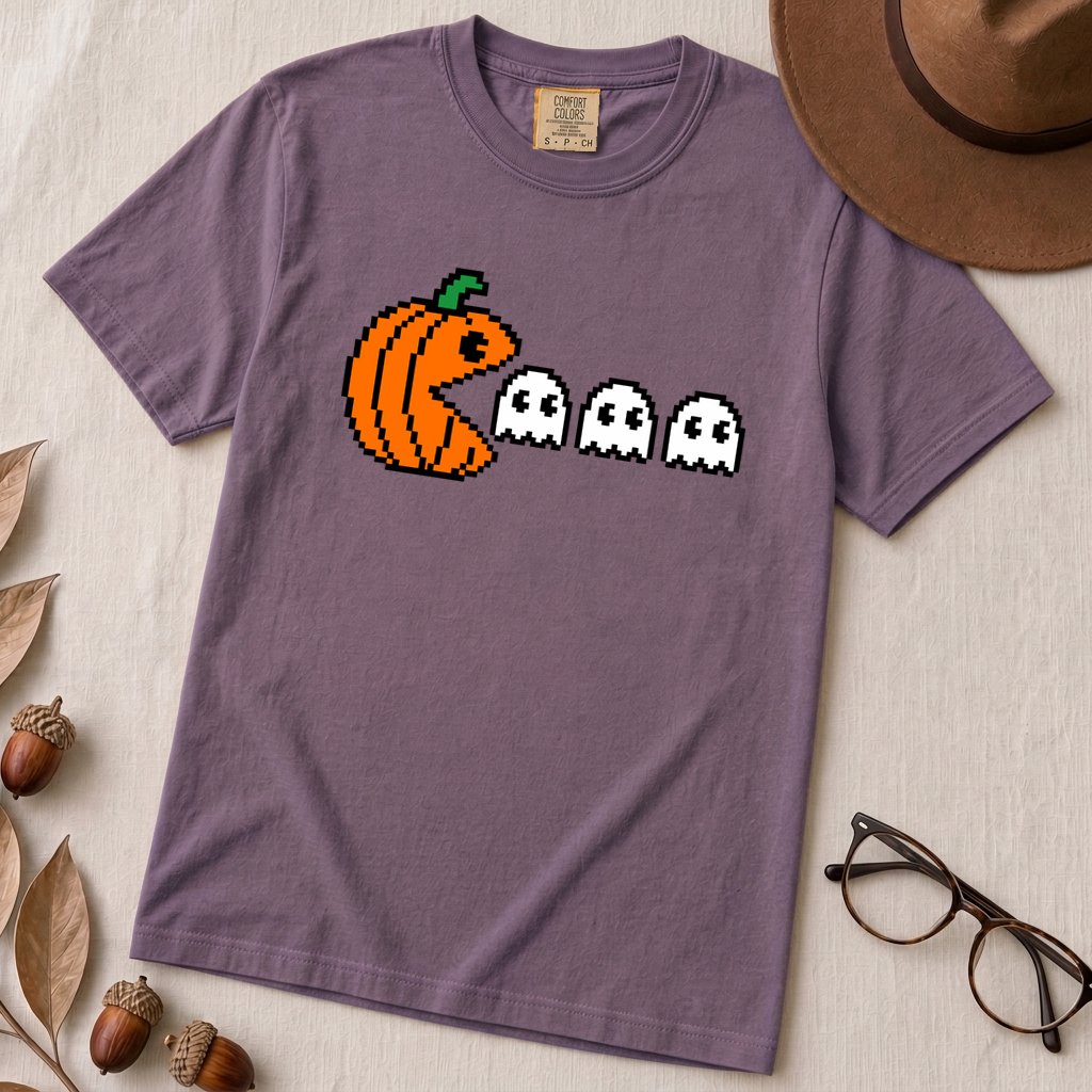 Pixel Pumpkin Ghost T-Shirt, Funny Pumpkin PacMan Tee - Grape unfolded t-shirt mockup