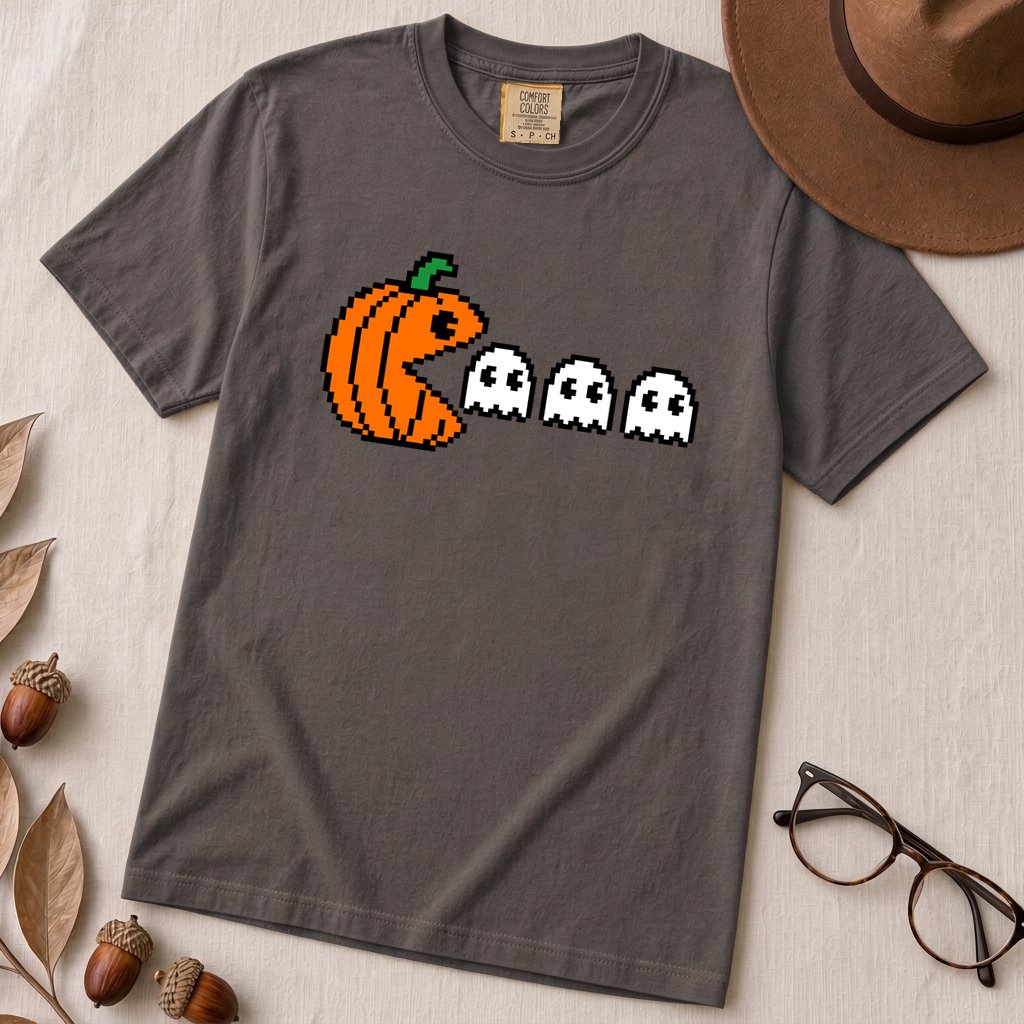 Pixel Pumpkin Ghost T-Shirt, Funny Pumpkin PacMan Tee - Graphite unfolded t-shirt mockup