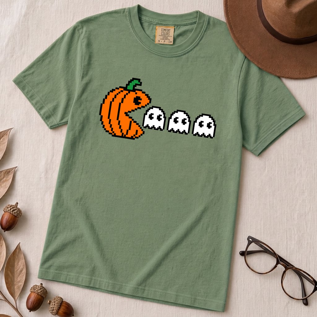 Pixel Pumpkin Ghost T-Shirt, Funny Pumpkin PacMan Tee - Light Green unfolded t-shirt mockup
