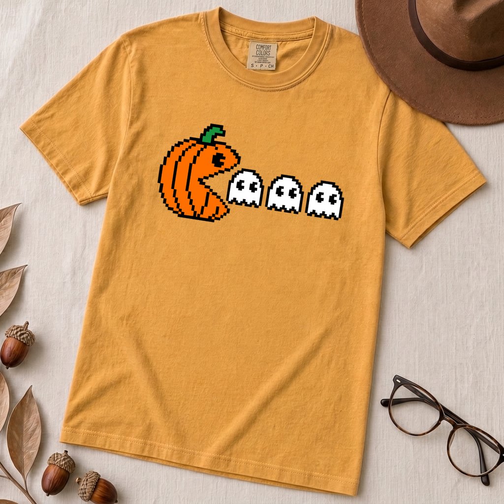 Pixel Pumpkin Ghost T-Shirt, Funny Pumpkin PacMan Tee - Mustard unfolded t-shirt mockup