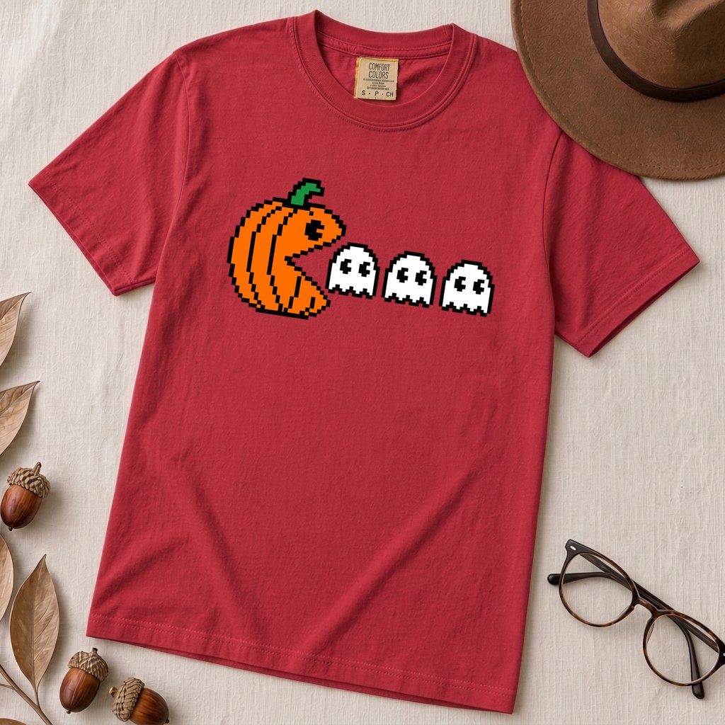 Pixel Pumpkin Ghost T-Shirt, Funny Pumpkin PacMan Tee - Red unfolded t-shirt mockup