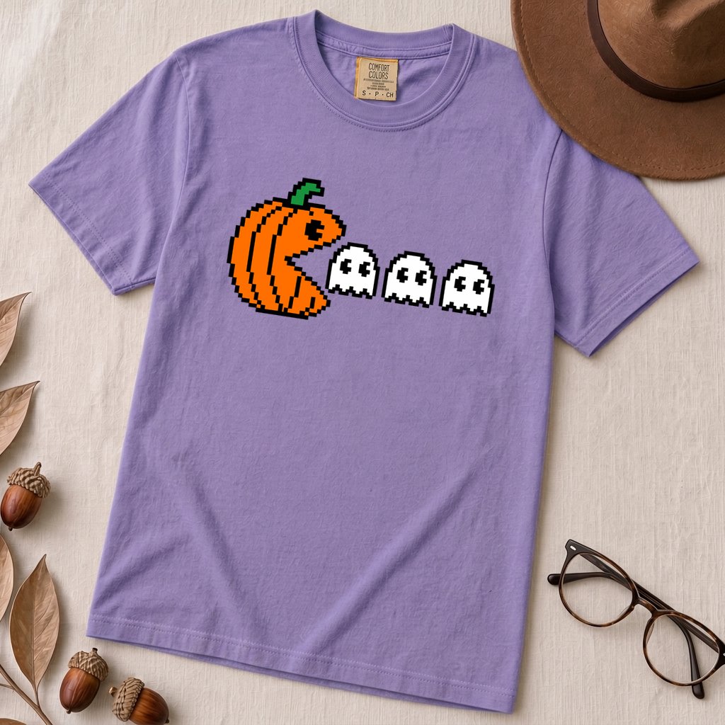 Pixel Pumpkin Ghost T-Shirt, Funny Pumpkin PacMan Tee - Violet unfolded t-shirt mockup