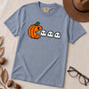 Pixel Pumpkin Ghost T-Shirt, Funny Pumpkin PacMan Tee - Washed Denim unfolded t-shirt mockup
