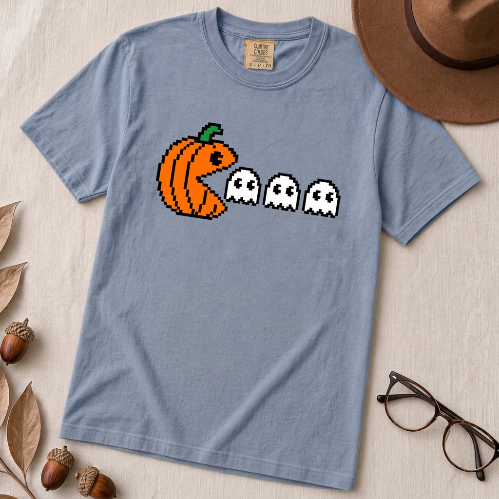 Pixel Pumpkin Ghost T-Shirt, Funny Pumpkin PacMan Tee - Washed Denim unfolded t-shirt mockup
