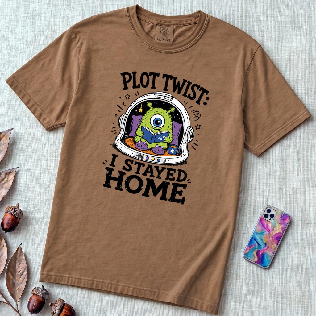Plot Twist: I Stayed Home T-Shirt, Alien Reading Tee - Espresso unfolded t-shirt mockup