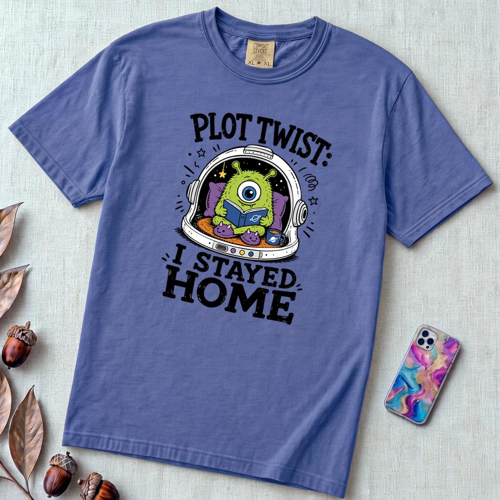 Plot Twist: I Stayed Home T-Shirt, Alien Reading Tee - Flo Blue unfolded t-shirt mockup