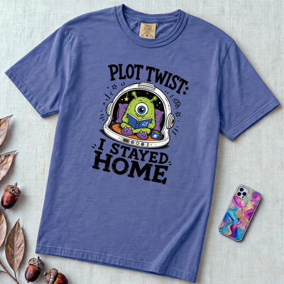 Plot Twist: I Stayed Home T-Shirt, Alien Reading Tee - Flo Blue unfolded t-shirt mockup