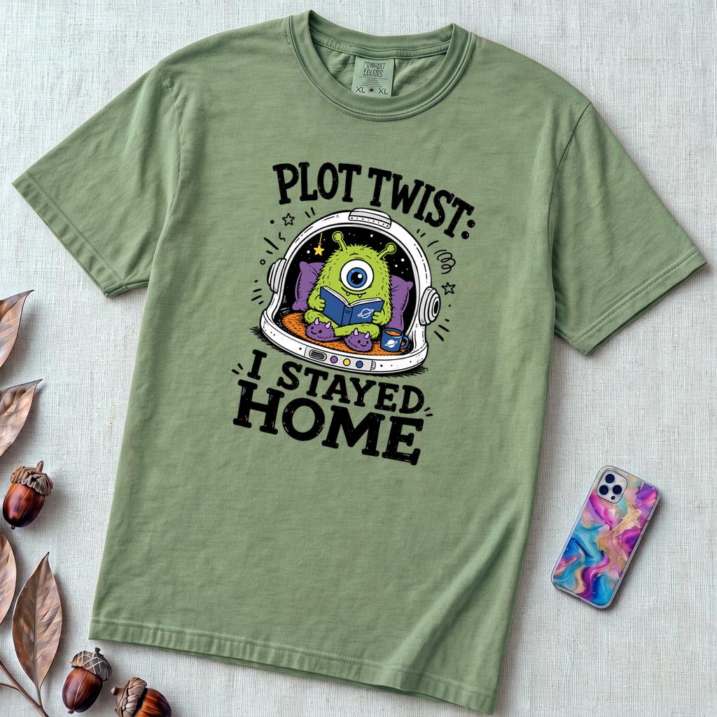 Plot Twist: I Stayed Home T-Shirt, Alien Reading Tee - Light Green unfolded t-shirt mockup