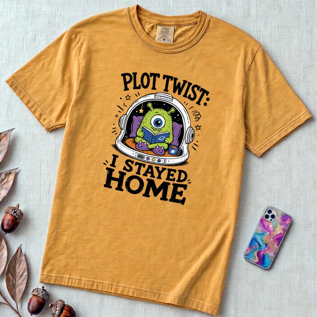 Plot Twist: I Stayed Home T-Shirt, Alien Reading Tee - Mustard unfolded t-shirt mockup