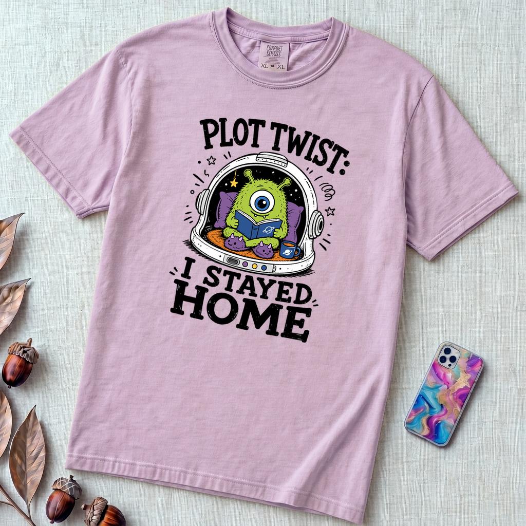 Plot Twist: I Stayed Home T-Shirt, Alien Reading Tee - Orchid unfolded t-shirt mockup