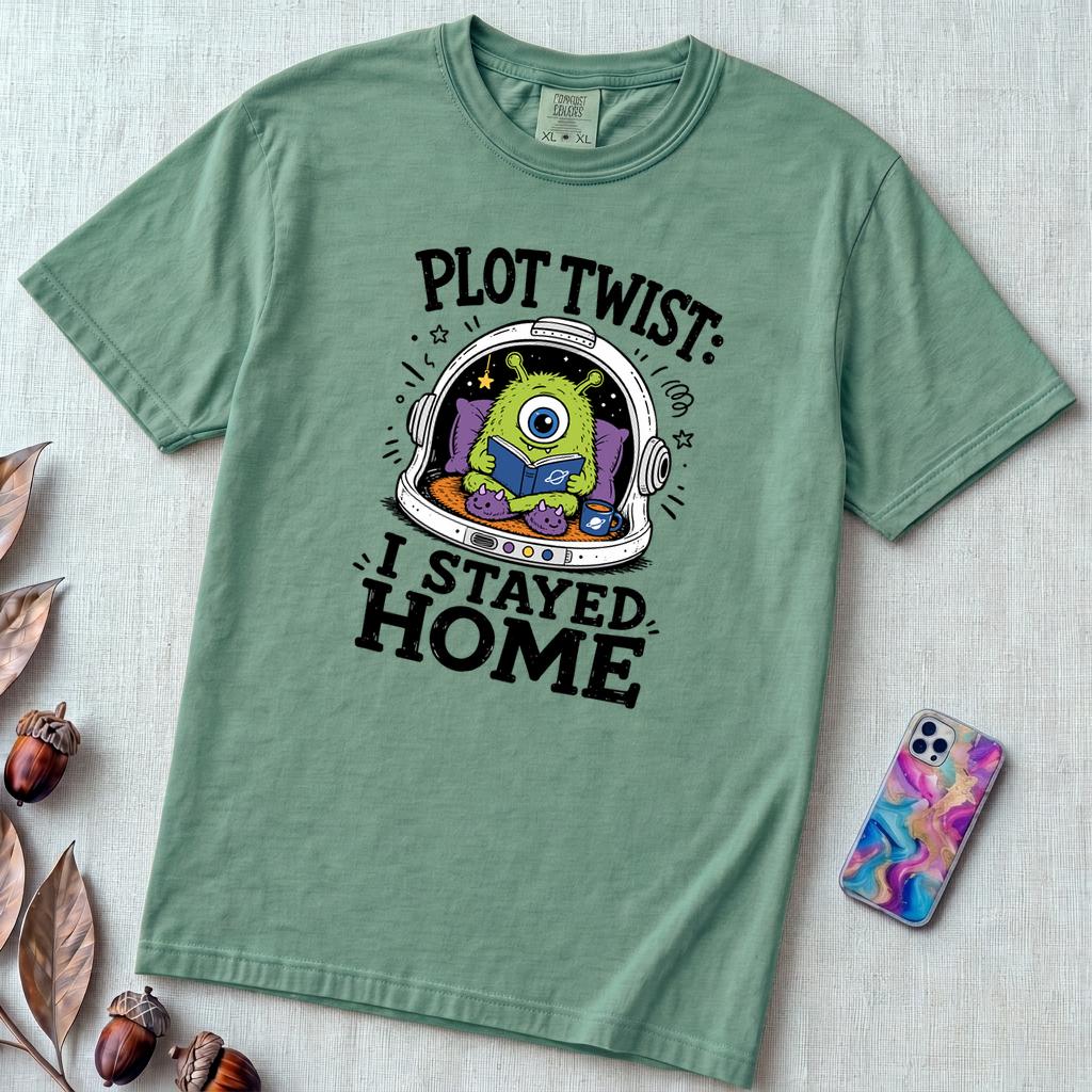 Plot Twist: I Stayed Home T-Shirt, Alien Reading Tee - Seafoam unfolded t-shirt mockup