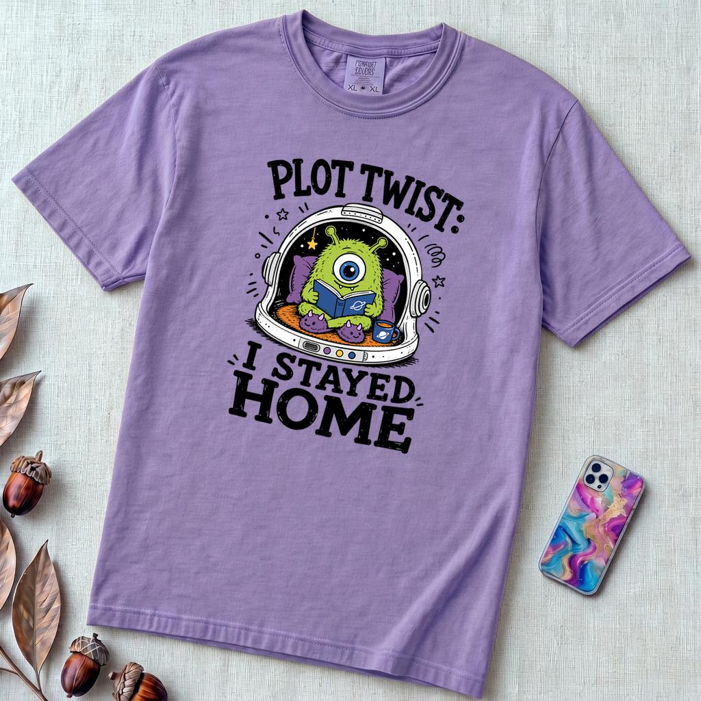 Plot Twist: I Stayed Home T-Shirt, Alien Reading Tee - Violet unfolded t-shirt mockup