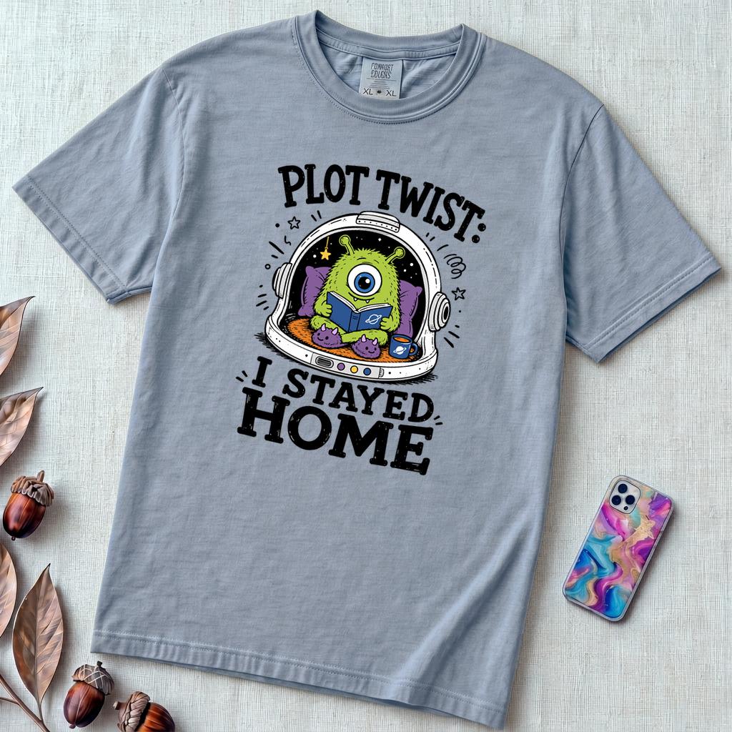 Plot Twist: I Stayed Home T-Shirt, Alien Reading Tee - Washed Denim unfolded t-shirt mockup
