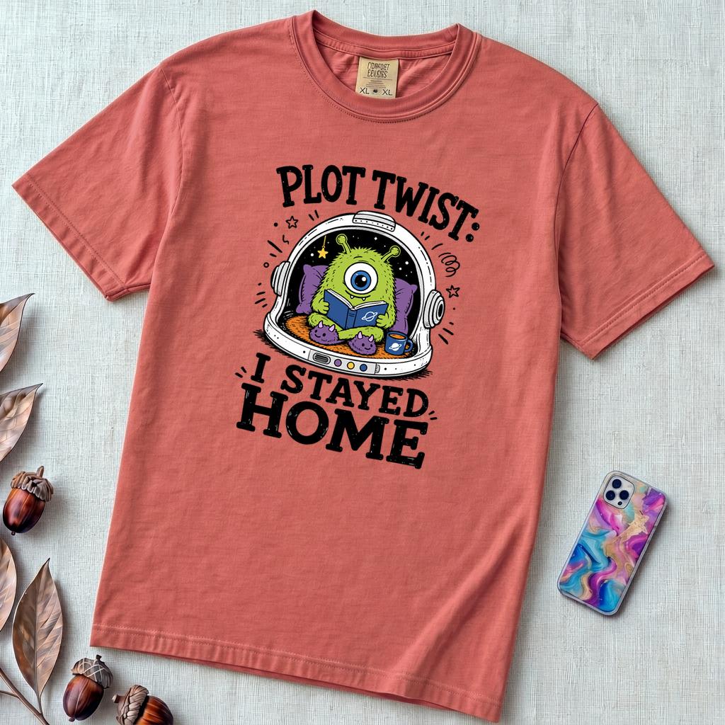 Plot Twist: I Stayed Home T-Shirt, Alien Reading Tee - Watermelon unfolded t-shirt mockup