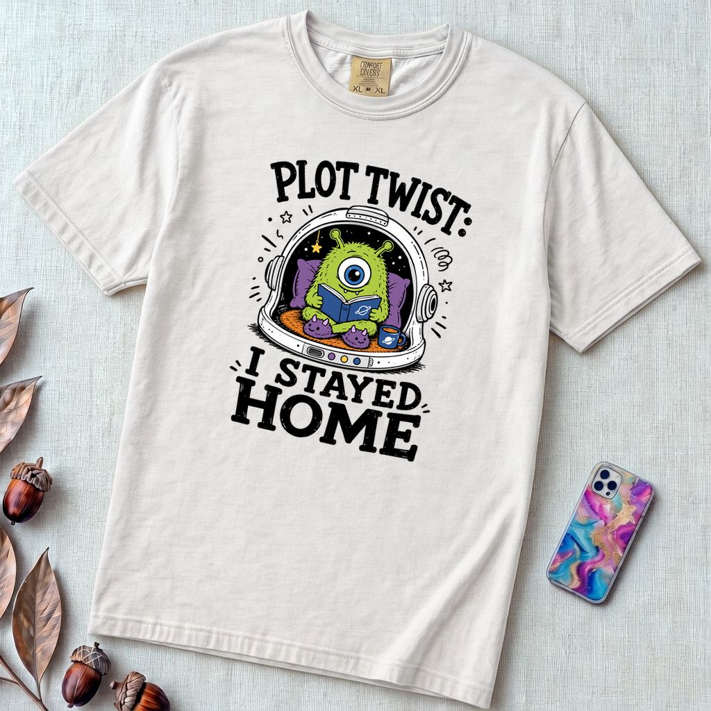 Plot Twist: I Stayed Home T-Shirt, Alien Reading Tee - White unfolded t-shirt mockup