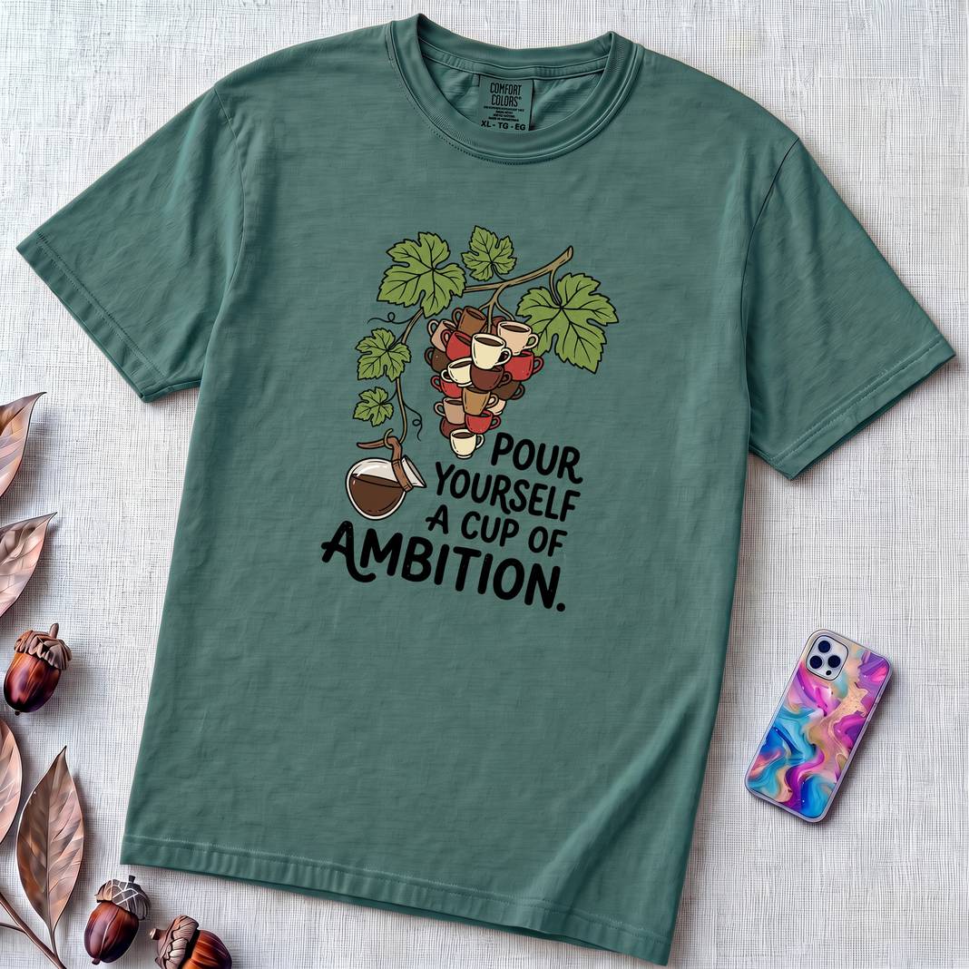 Pour Yourself A Cup Of Ambition T-Shirt, Dolly Parton 9 to 5 Tee - Emerald unfolded t-shirt mockup
