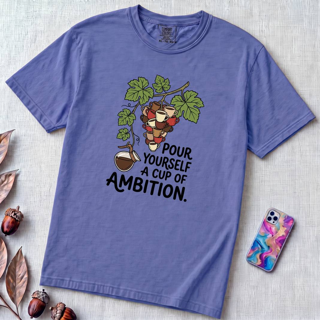 Pour Yourself A Cup Of Ambition T-Shirt, Dolly Parton 9 to 5 Tee - Flo Blue unfolded t-shirt mockup